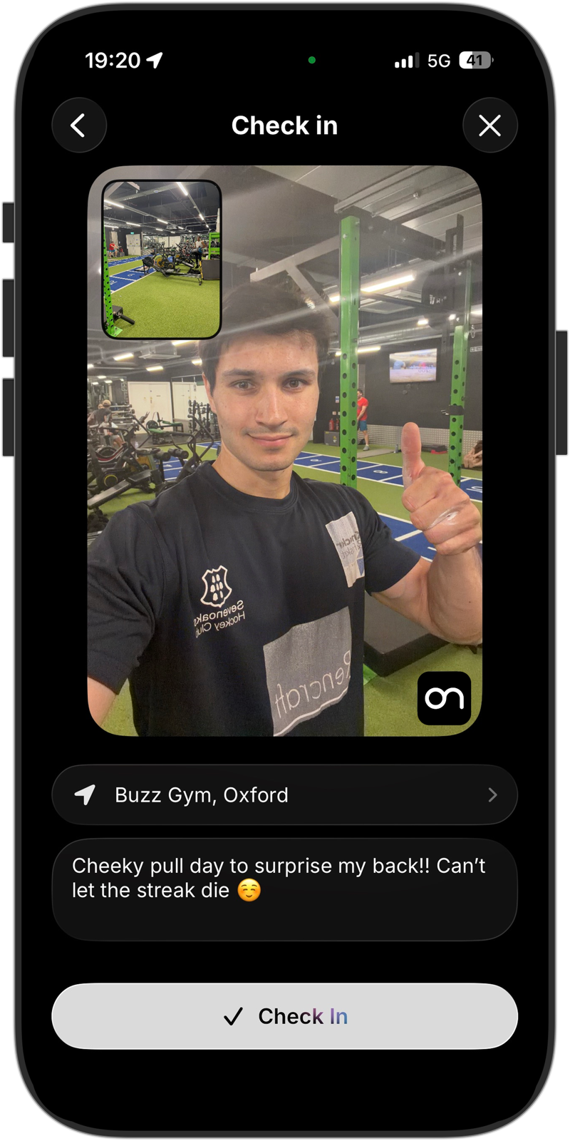An OnTrack check-in: front and back camera photo at Buzz Gym, Oxford, with a caption