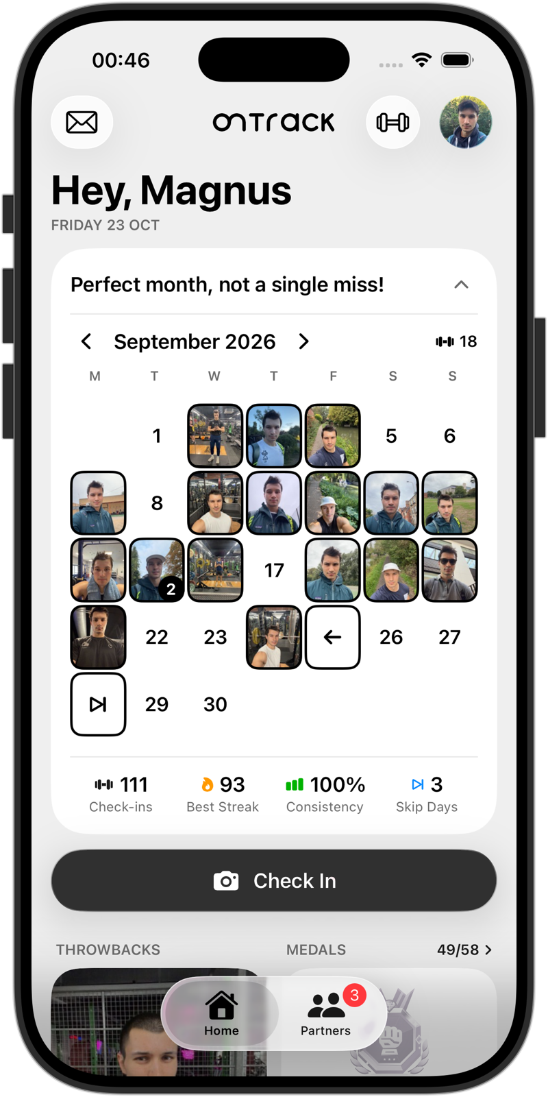 OnTrack home: a perfect month of check-in photos, a 93-session best streak and 100% consistency