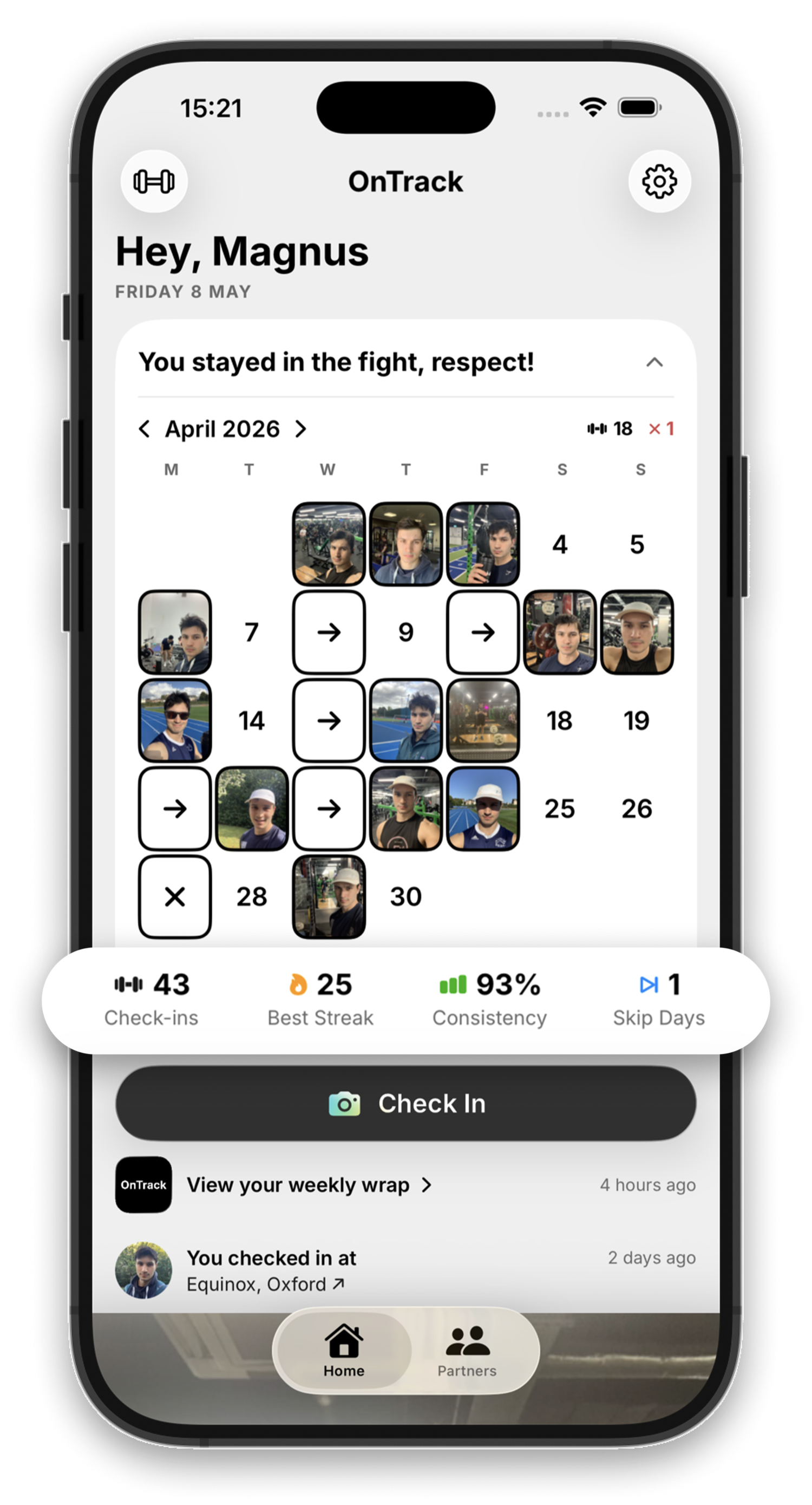 OnTrack progress screen showing weekly streaks